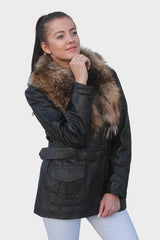 Halblange Damen Lederjacke mit großem Fellkragen