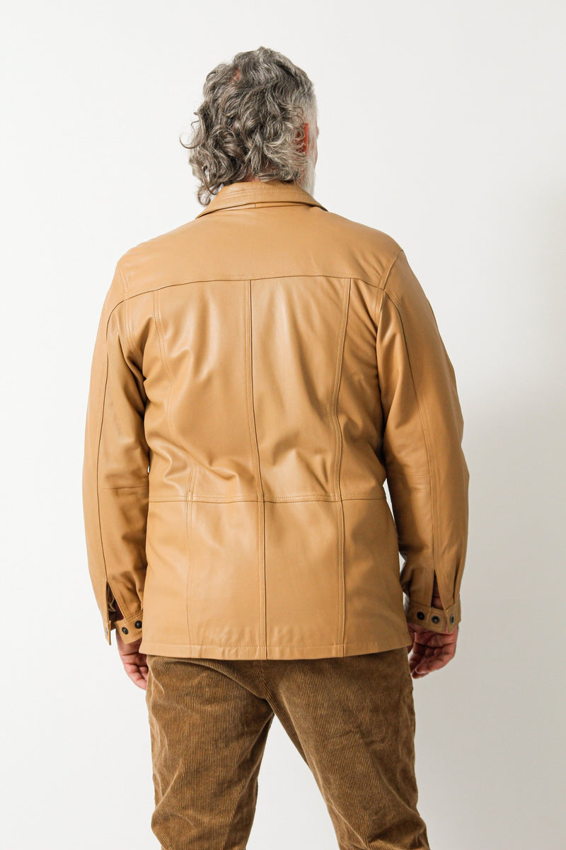 Längerer sportlicher Herren Lederparka aus Lammnappa in Camel wattiert