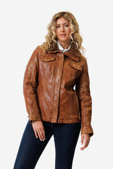 kurze taillierte echte Damen Lederjacke sportlich aus Lammnappa in vintage Braun