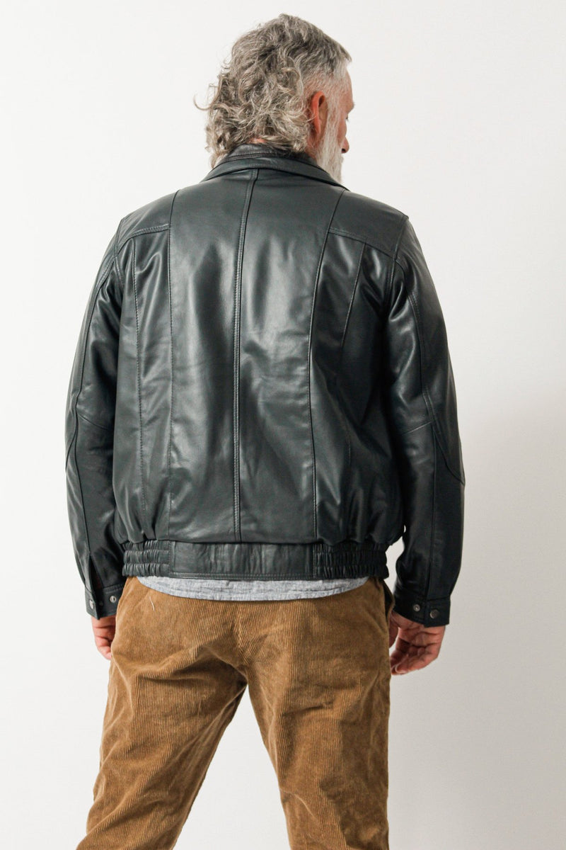 Kurze Herren Lederjacke mit Bund,  aus echtem Lammnappa Petrol schwarz