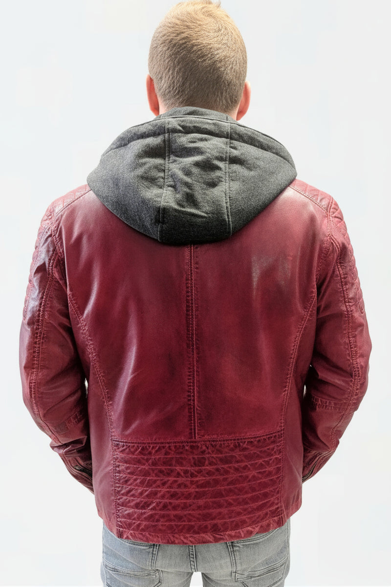 Lederjacke mit Kapuzeneinsatz in washed rot 