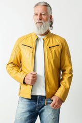 Kurze echte Herren Biker Style Übergangs Lederjacke Lammnappa in Yellow gelb