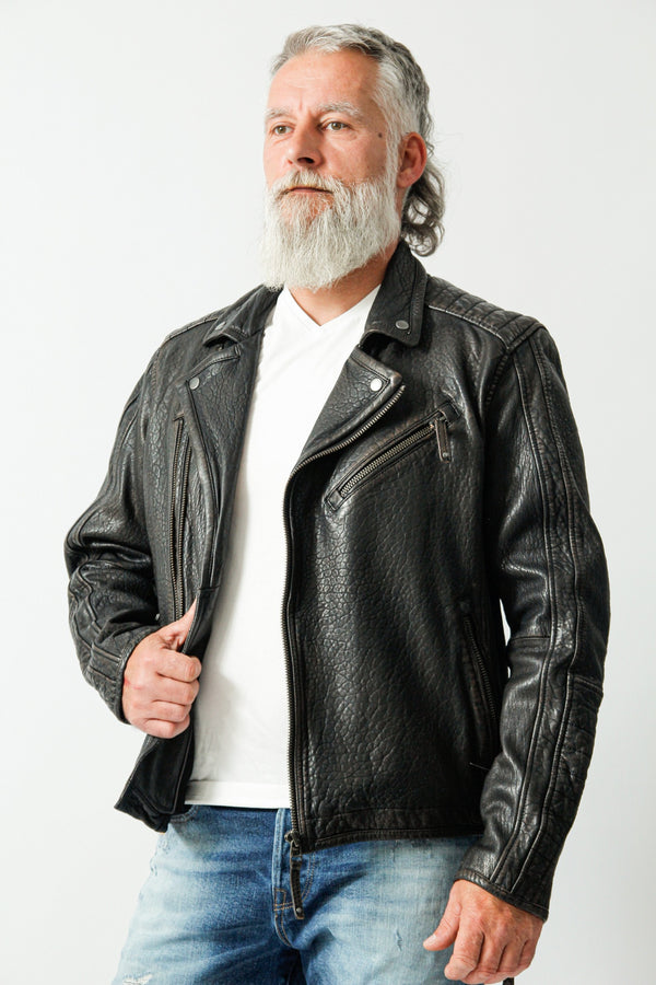 Kurze Herren Bikerlederjacke aus New Zealand Lammnappa schwarz antik Bubbleoptik 