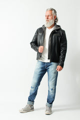 Herren Bikerstyle Lederjacke aus Neuseelandlammnappa in schwarz mit Kapuzenhoody abnehmbar