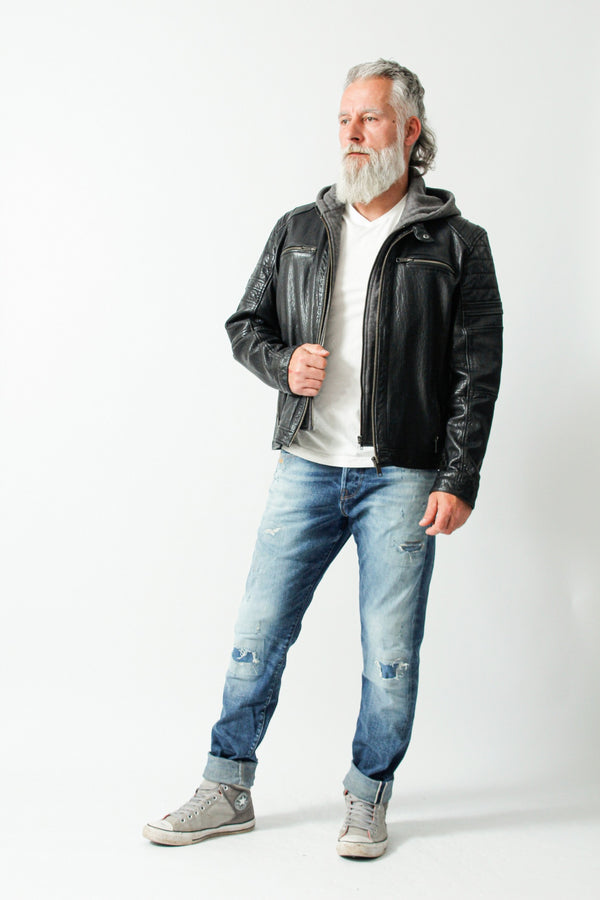 Herren Bikerstyle Lederjacke aus Neuseelandlammnappa in schwarz mit Kapuzenhoody abnehmbar