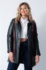 Echter Damen Herbst Winter Leder-swinger echter Ledermantel Lammnappa schwarz mit rot und  Kapuze