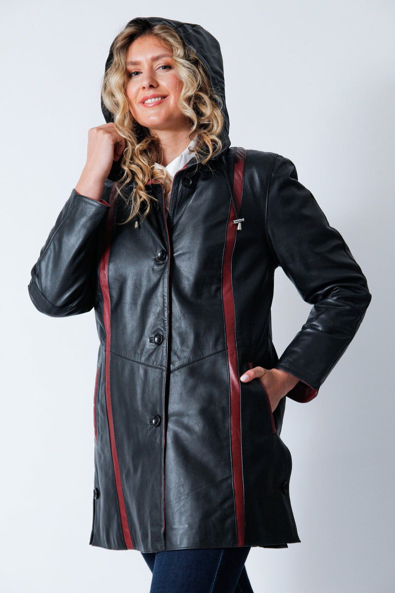 Damen Herbst Winter Lederswinger Lammnappa schwarz mit rot und  Kapuze