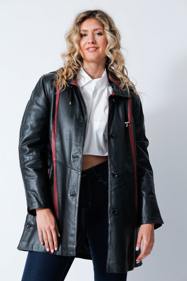 Damen Herbst Winter Lederswinger Lammnappa schwarz mit rot und  Kapuze