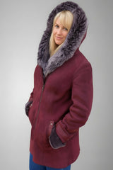 Lange Damen Lammfelljacke mit Kapuze