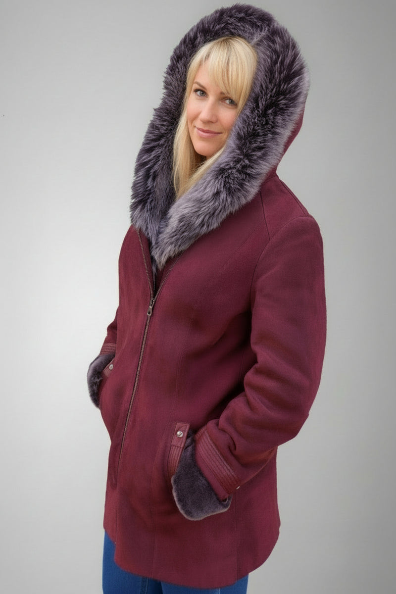 Lange Damen Lammfelljacke mit Kapuze