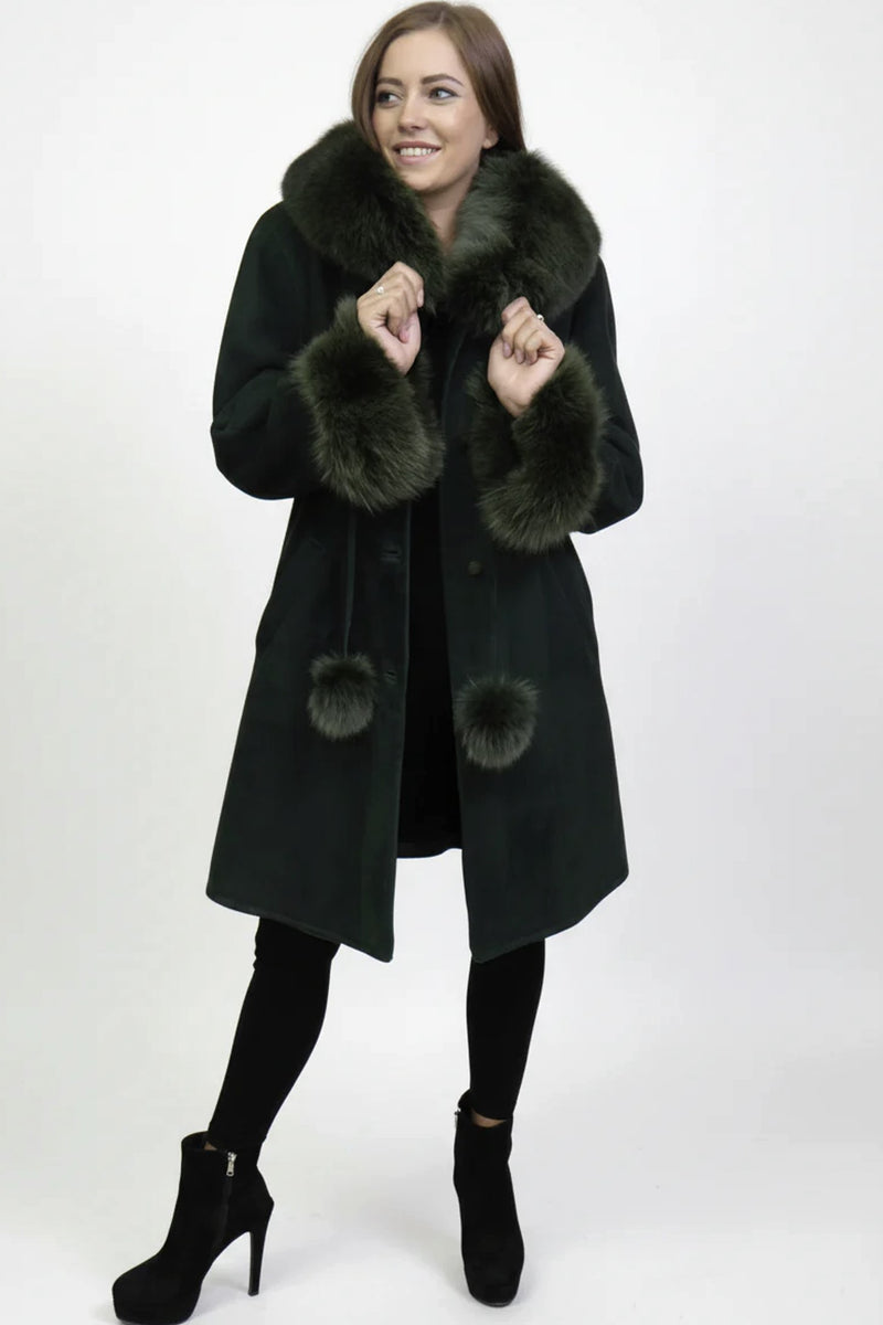 leichter lange Damen Lammfelljacke tannengrün