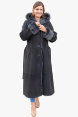 Damen-Merino-Lammfellmantel , Kapuze, Gürtel, sehr leicht, Farbe anthrazit,Knöpfe, sehr leicht