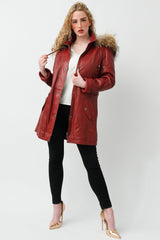 Langer Damen Lederparka Lammnappa dunkelrot vintage mit Finnraccoon Kapuze