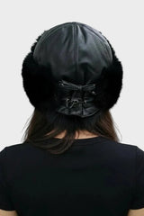 Leder Pelz Mütze mit Kaninchen Verbrämung schwarz