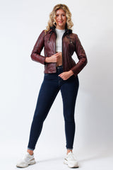 Damenbikerstyle Lederjacke aus Lammnappa dunkel rot vintage Look mit Stoffkapuze abtrennbar
