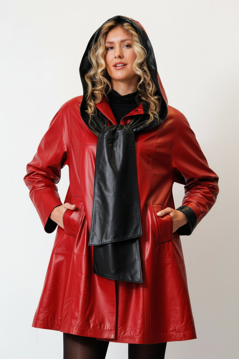 Damen Ledermantel als Swinger Ziegennappa rot Schwarz mit Schalkapuze