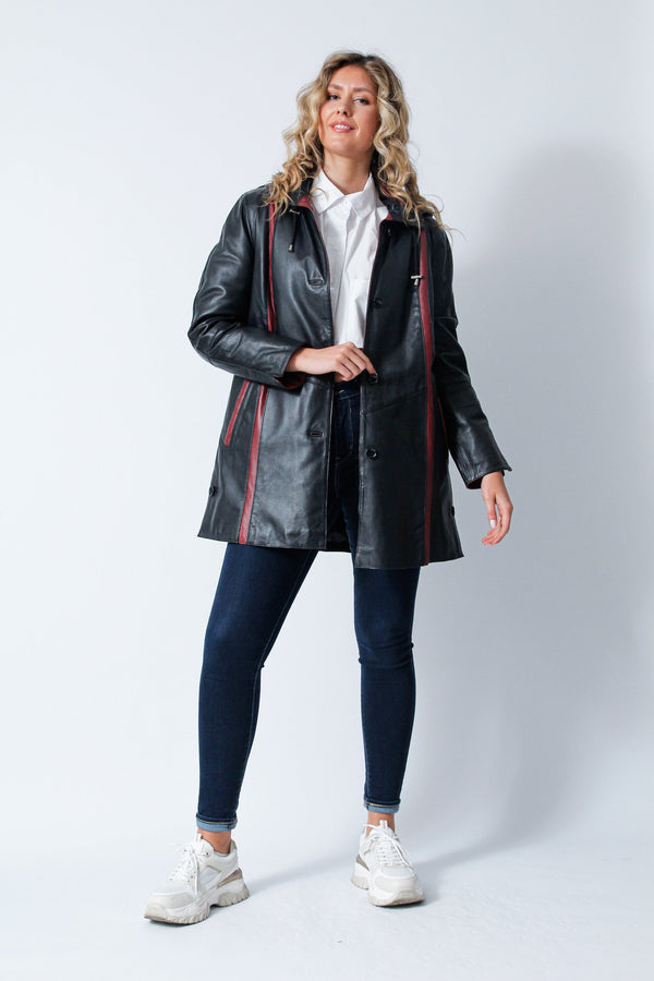 Damen Herbst Winter Lederswinger Lammnappa schwarz mit rot und  Kapuze