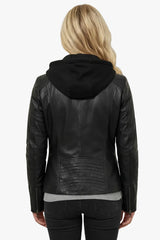 kurze echte Damen Lederjacke schwarz lammnappa, abnehmbare Stoffkapuze