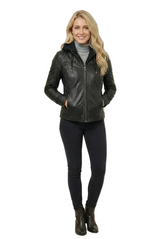 Moderne Leder-Jacke für jeden Tag aus schwarzen Lammnappa mit Stoffkapuze abnehmbar