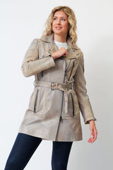 Beige längere sportliche echte Damen Gürteljacke aus Lammnappa und asymmetrischen Reißverschluss