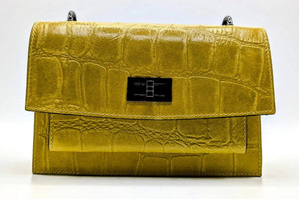 echte kleine Damen Ledertasche olive-gelb vintage
