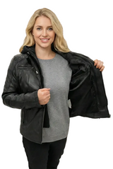 Schwarze echte Bikerlederjacke für Damen