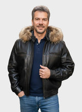 kurze Herren Lederjacke mit abnehmbarer Kapuze nd Fellrand, Frontreißverschluss