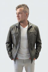 kurze olive echte Biker Herren Lederjacke sportlich viele Taschen, stehkragen