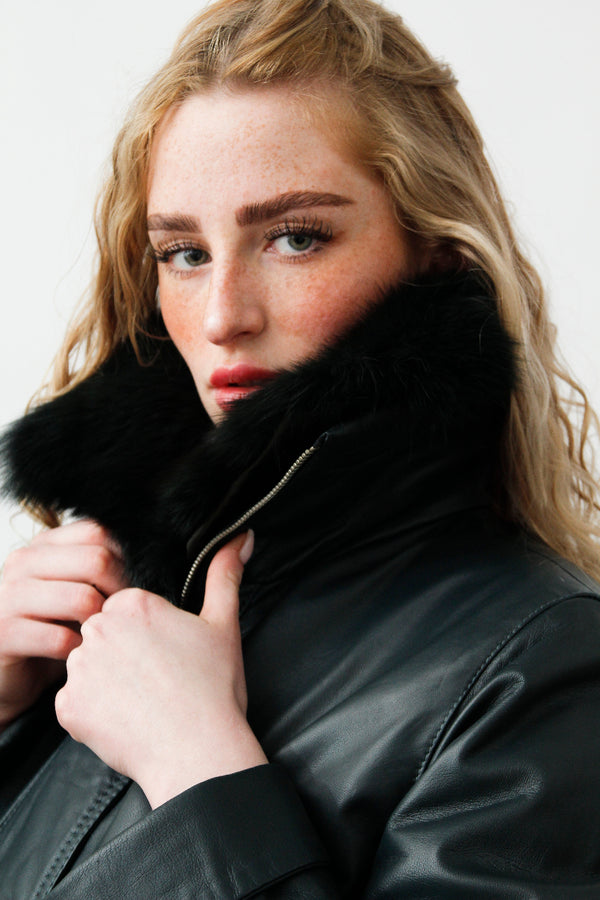 Damen Lederparka (petrol) mit Blaufuchs-Kragen