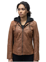 kurze Damen Lederjacke mit Kapuze abnehmbar, Lammnappa, sportlich