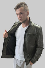 kurze antike olive echte Biker Herren Lederjacke sportlich viele Taschen, Seiten Riegel, Stehkragen