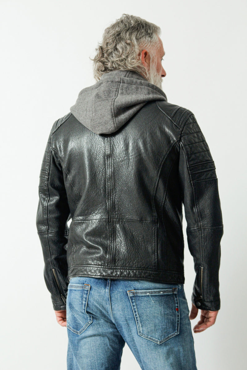 Herren Bikerstyle Lederjacke aus Neuseelandlammnappa in schwarz mit Kapuzenhoody abnehmbar