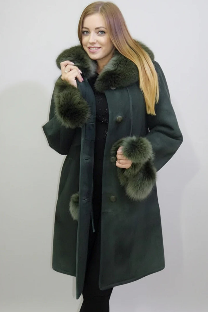 leichter lange Damen Lammfelljacke tannengrün