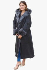 Exklusive Damen-Merino-Lammfellmantel , Kapuze, Gürtel, sehr leicht, Farbe anthrazit,Knöpfe, sehr leicht