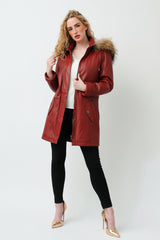 Langer echter Damen Lederparka Lammnappa dunkelrot vintage mit Finnraccoon Kapuze