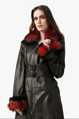 Schicke Damenlederjacke lang, schwarz, Pelzkragen, Lammnappa, Gürtel