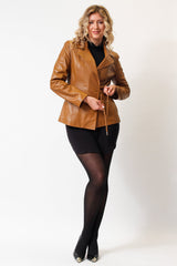 Eleganter Damen echter Lederblazer in cognac aus Lammnappa mit Gürtel 