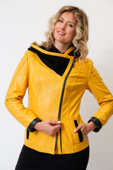 Damen kurz in Lammnappa mit Baumwollkapuze in gelb schwarz tailliert