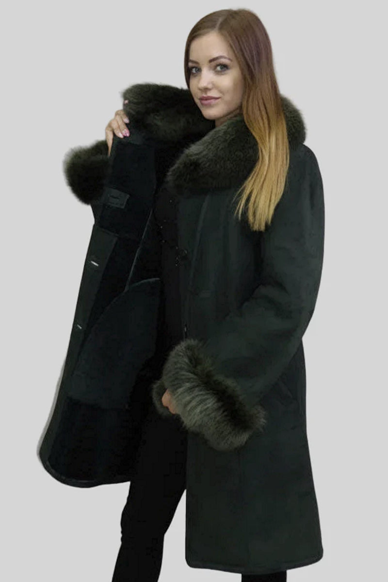 leichter lange Damen Lammfelljacke tannengrün