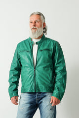 sportliche kurze grüne Herren-Lederjacke in Lammnappa mit Stehkragen