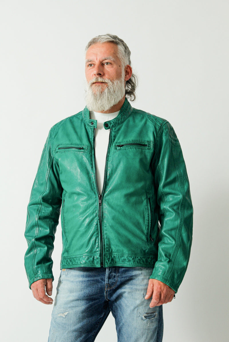 sportliche kurze grüne Herren-Lederjacke in Lammnappa mit Stehkragen