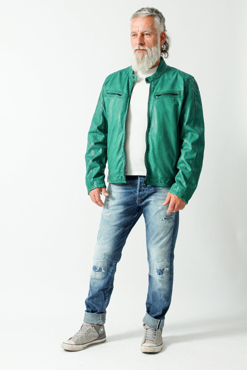 Kurze grüne Herren Bikerstyle Lederjacke in Lammnappa mit Stehkragen
