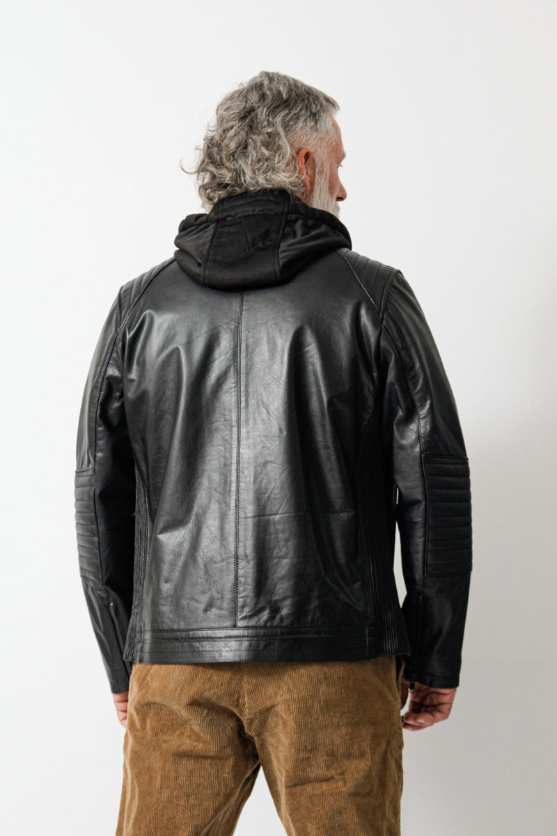 Herren Biker Lederjacke aus Kalsnappa robust in schwarz und hoodie
