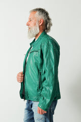 Kurze grüne Herren Bikerstyle Lederjacke in Lammnappa mit Stehkragen