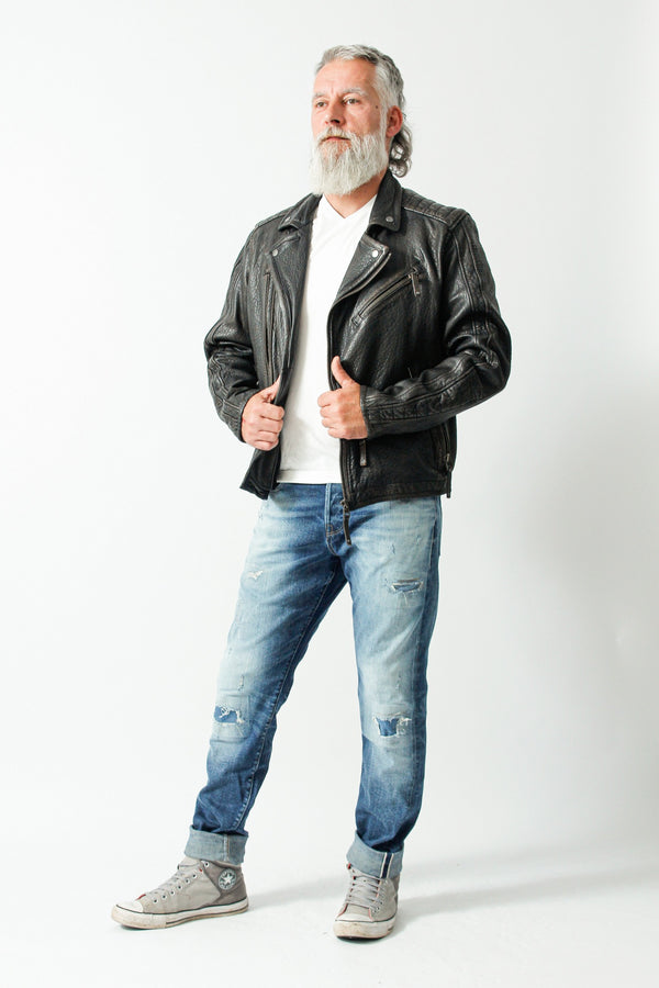 Kurze Herren Bikerlederjacke aus New Zealand Lammnappa schwarz antik Bubbleoptik