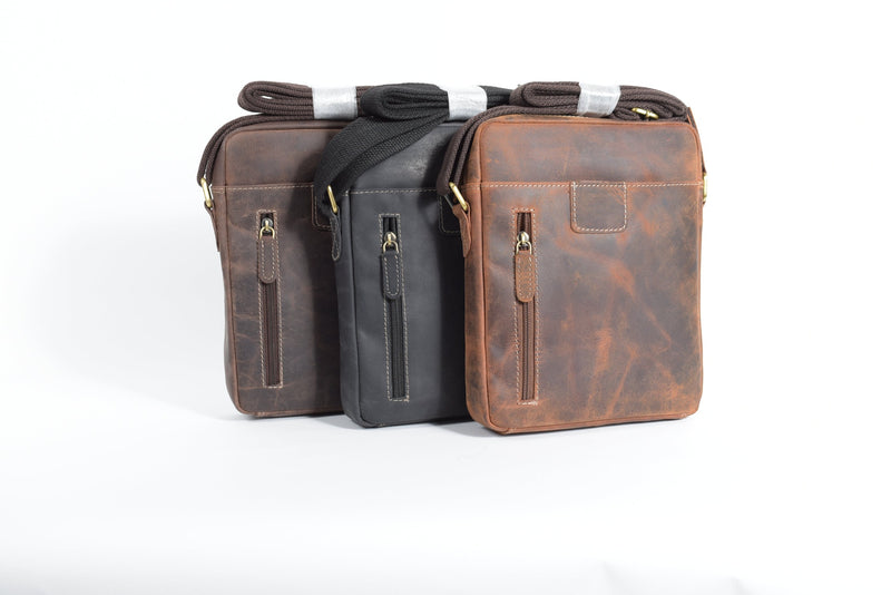 Mittlere Unisex Schultertasche aus Rindleder in Cognac, Braun und Schwarz