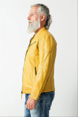 Kurze Herren echte Leder Biker Style Übergangs Lederjacke Lammnappa in Yellow gelb,sportlich, Brusttaschen
