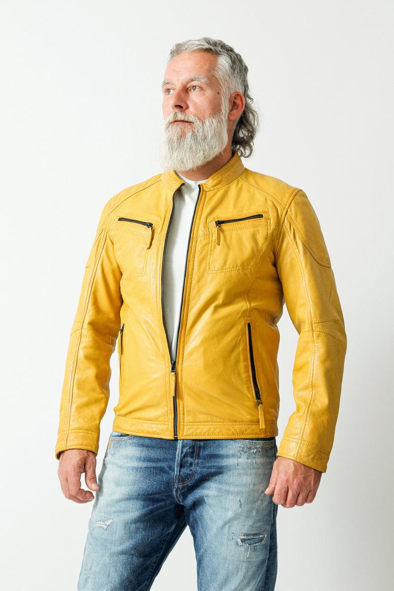 Kurze Herren Biker Style Übergangs Lederjacke Lammnappa in Yellow gelb