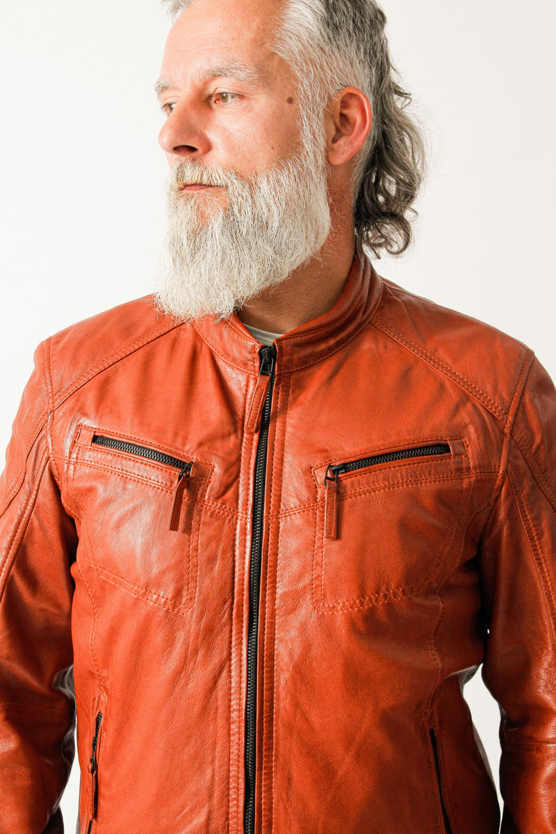 Kurze Herren Biker Style Übergangs Lederjacke aus Lammnappa in orange