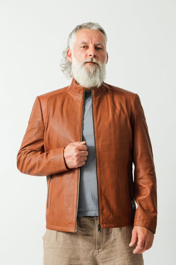 leichte ungefütterte Herren Lederjacke aus Lammnappa perforiert in cognac mais